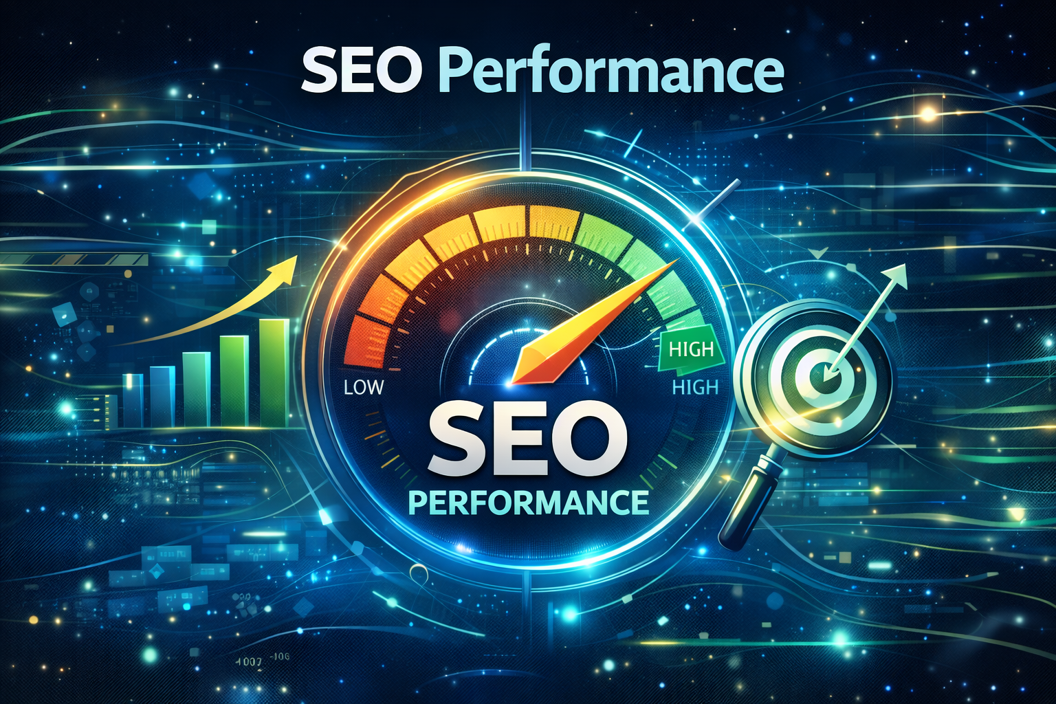 Digital graphic with a speedometer set to high and a target symbol, symbolizing SEO performance improvement.