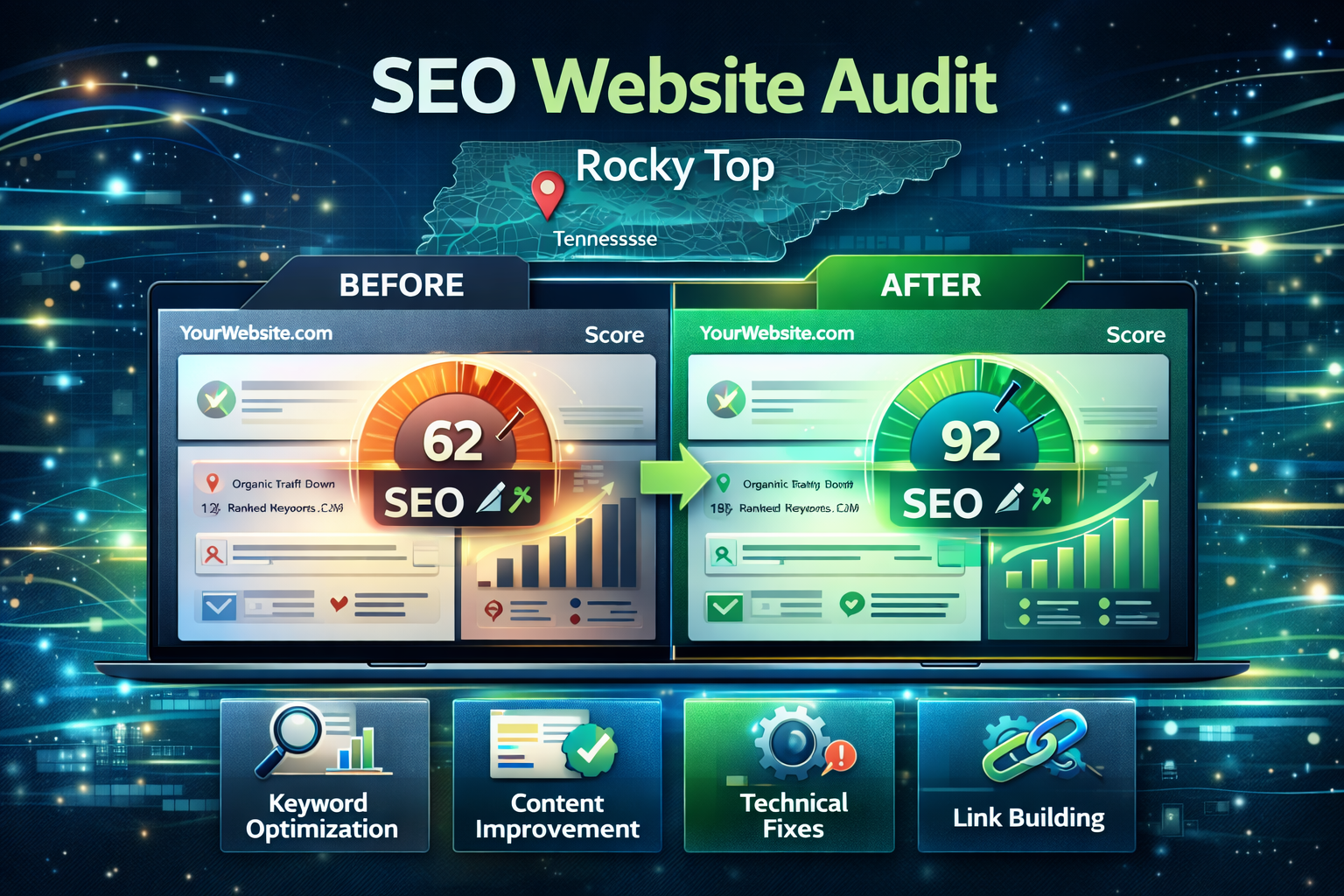 Digital graphic comparing an SEO score before (62) and after (92) audit improvements against a glowing data background.