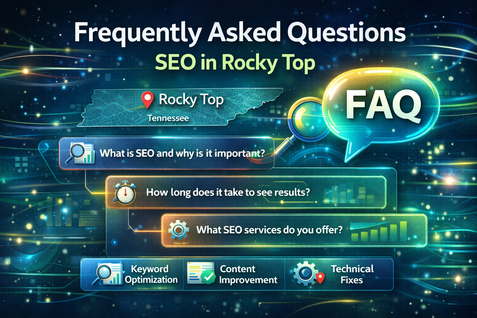 An FAQ graphic about SEO services in Rocky Top, Tennessee, featuring a digital background and three key questions.