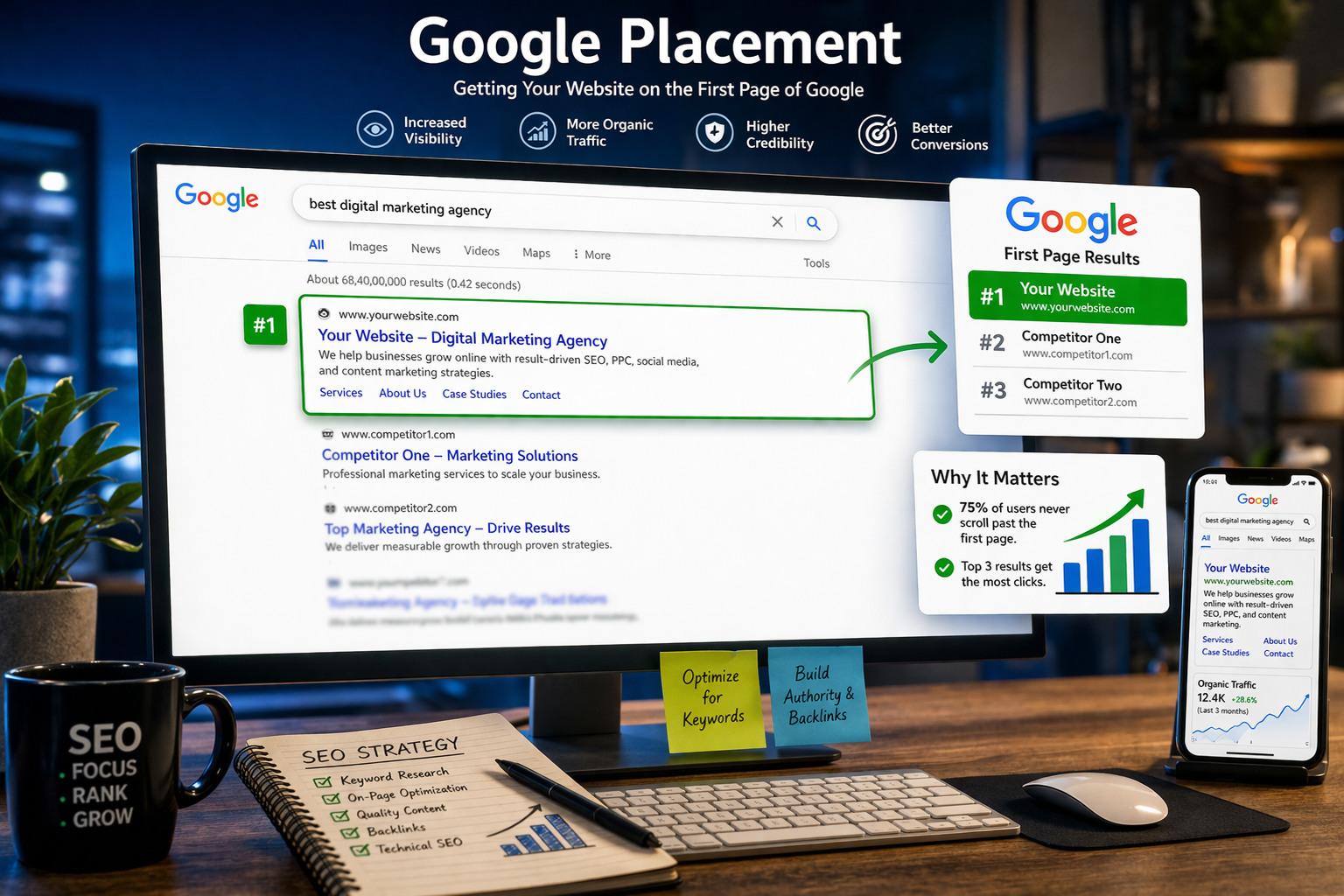 A desk with a computer monitor displaying Google search results to advertise search engine placement services.