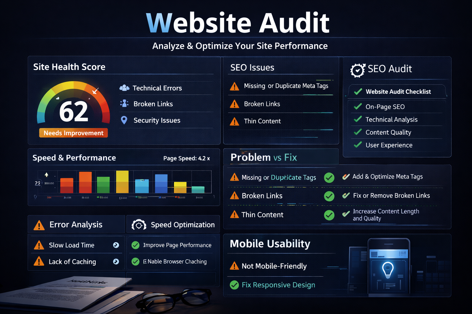 A dark-themed website audit dashboard displaying SEO health scores, performance metrics, and lists of issues and fixes.