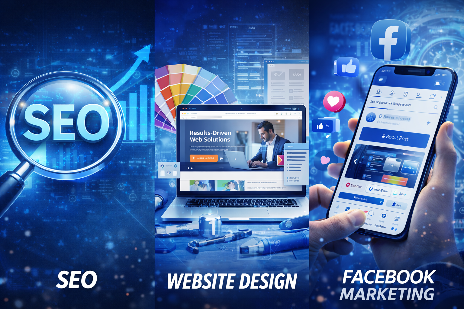 Three panels showing SEO, website design, and Facebook marketing services represented by icons, a laptop, and a smartphone.