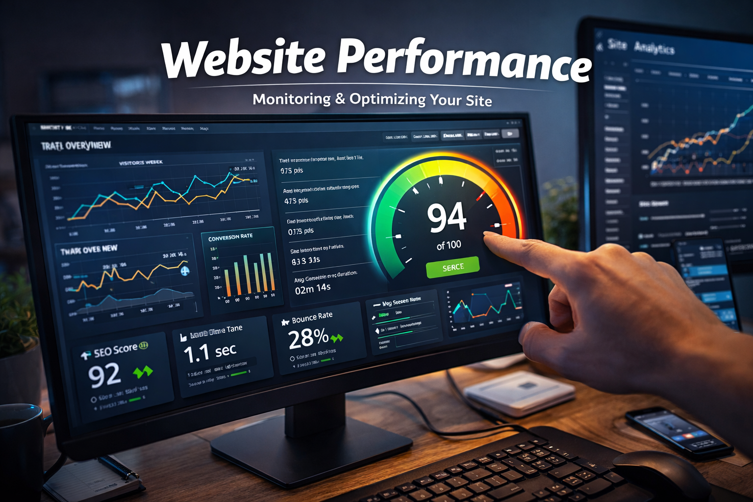 A person points at a monitor displaying a website performance dashboard with charts and a speed score of 94.