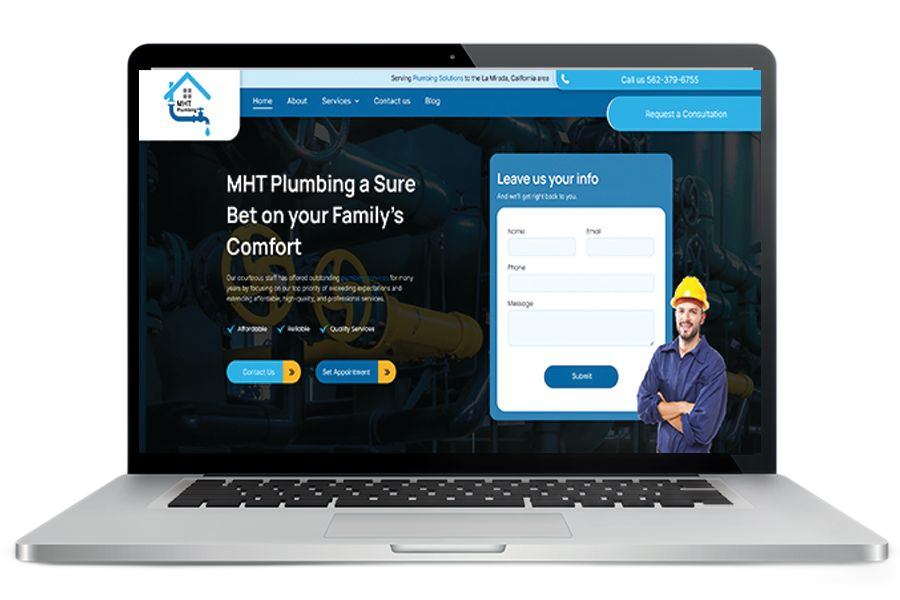 Laptop screen displaying a plumbing website with a contact form and a smiling plumber.