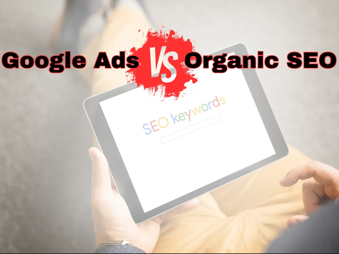 Google Ads vs. Organic SEO comparison. Person holding tablet with