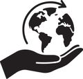 Hand holding globe with curved arrow around it.