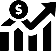 Black graph showing increasing financial growth, dollar sign at the top.