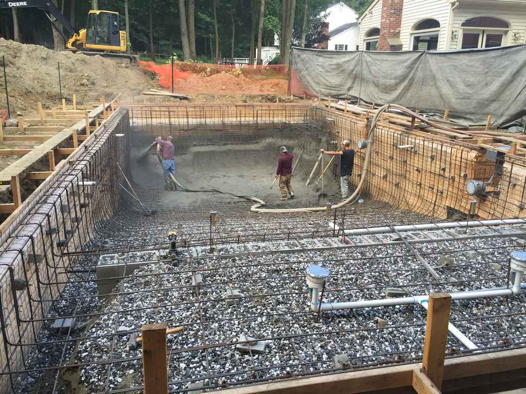 A swimming pool is being built in the backyard of a house.
