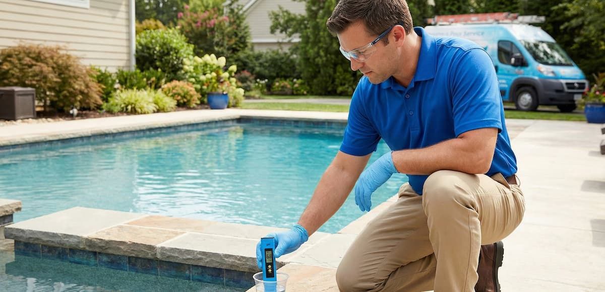 Pool maintenance checking swimming pool pH concentration
