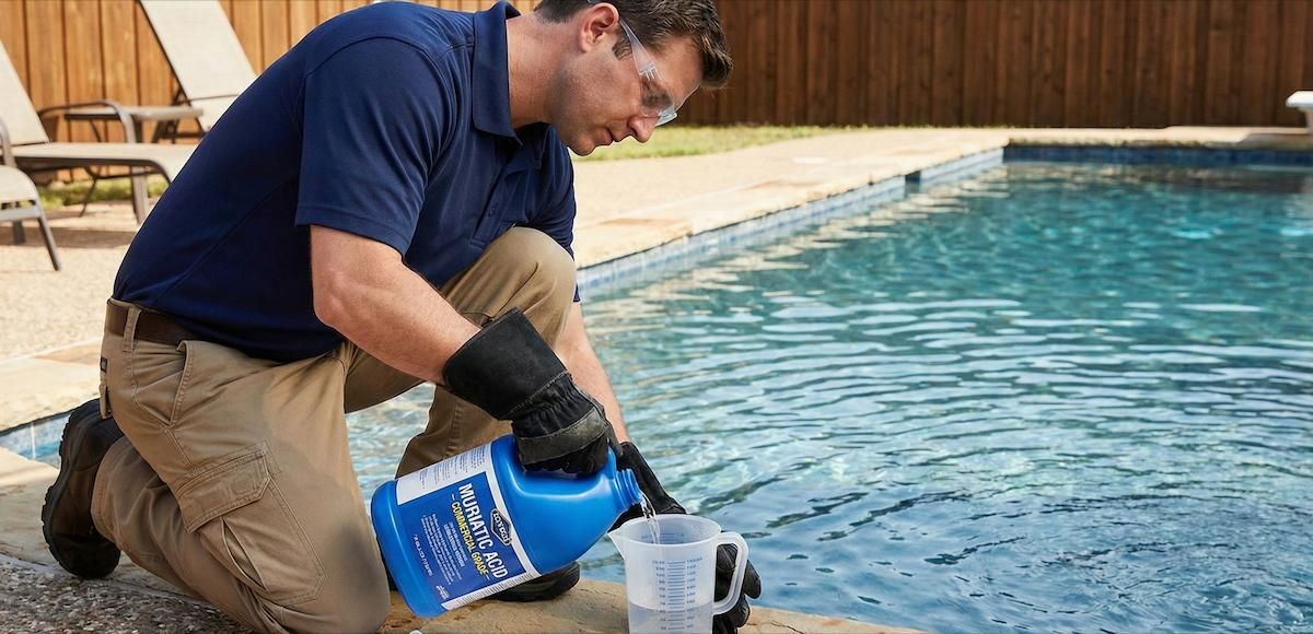 Pool contractor measuring muriatic acid to lower pH in Pool Water
