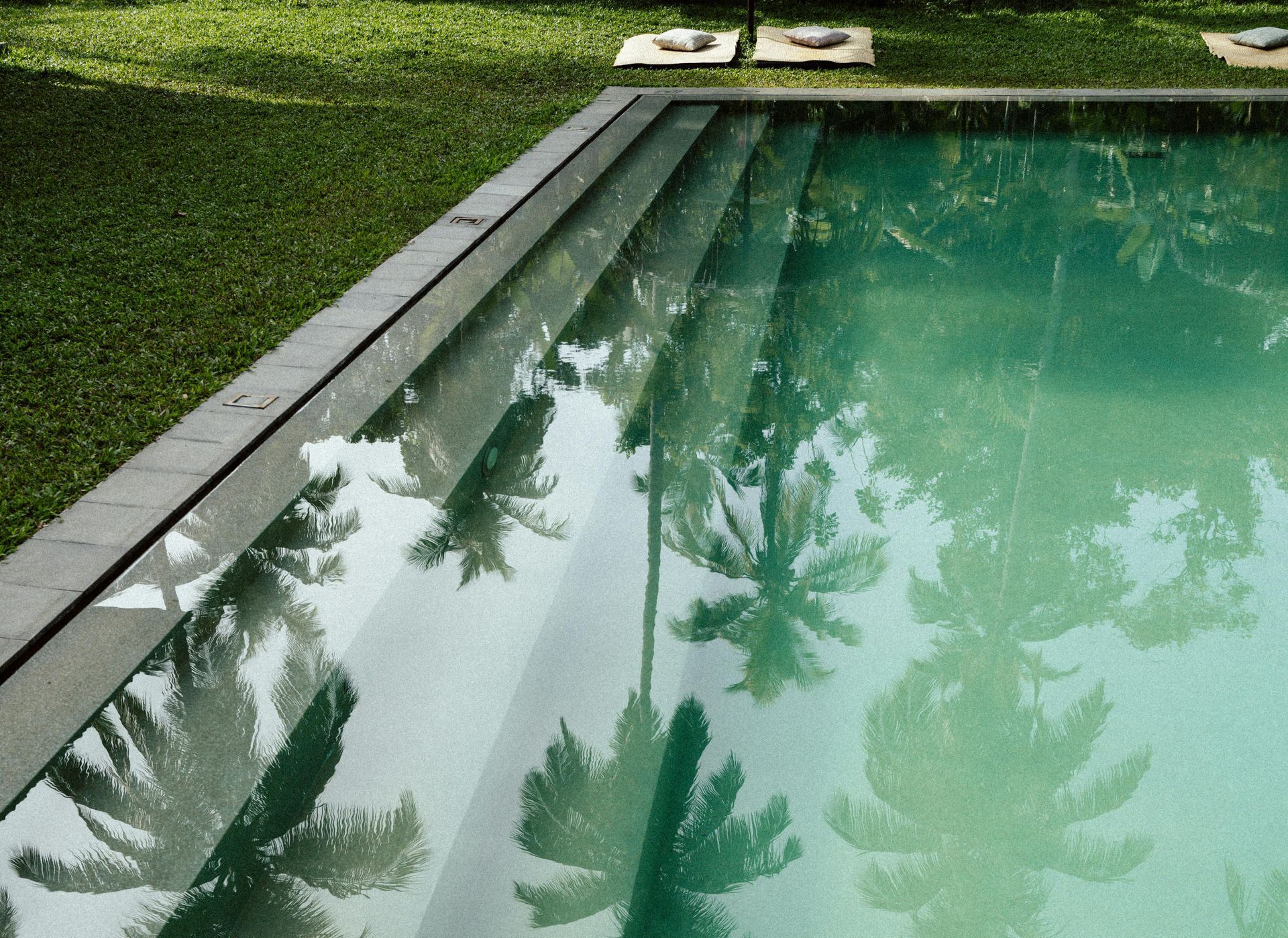 A swimming pool with palm trees reflected in the water