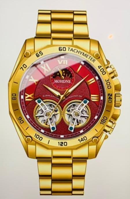 Een gouden horloge met een rode wijzerplaat en Romeinse cijfers