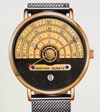 Een goudkleurig en zwart Gadyson quartzhorloge met een meshband