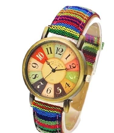 Een horloge met een kleurrijke band geeft de tijd aan als 4:20