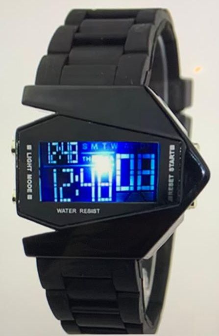 Een zwart digitaal horloge geeft de tijd aan als 12:40