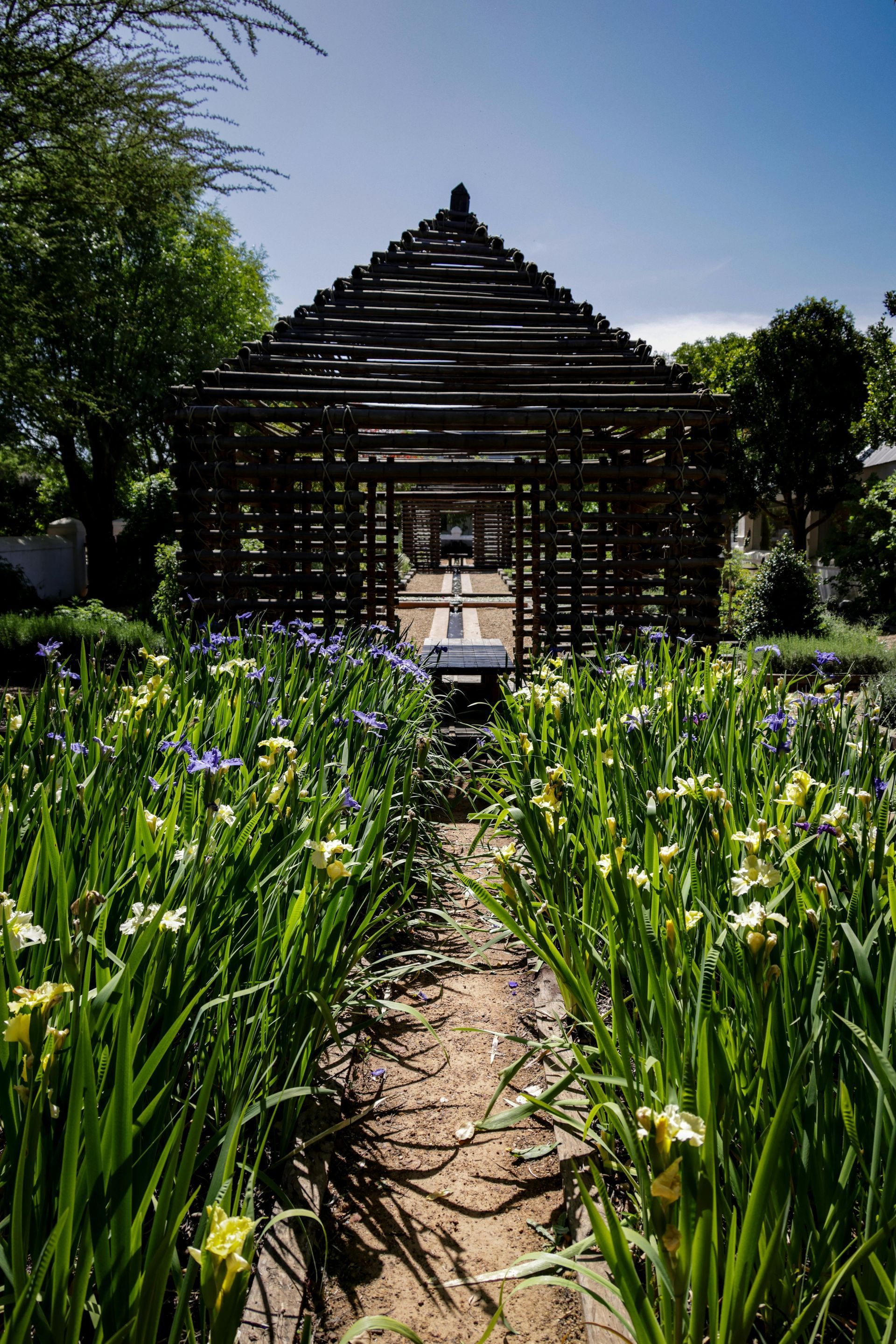 Wooden gazebo at the end of a path lined with yellow and blue flowers in a sunny garden.