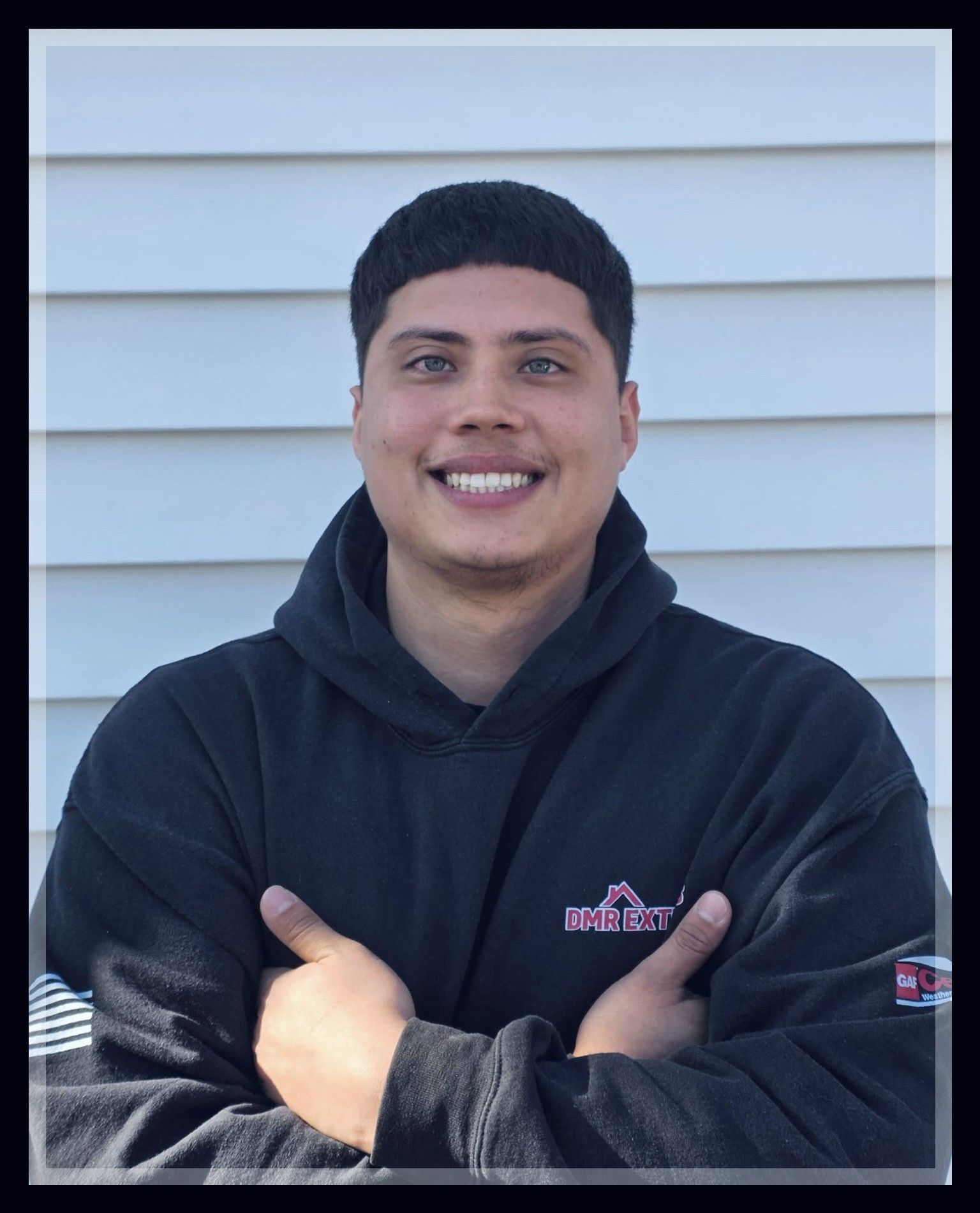 The red logo for DMR Exteriors features a roof silhouette above the company name and the services: Roofing, Siding, Gutters.