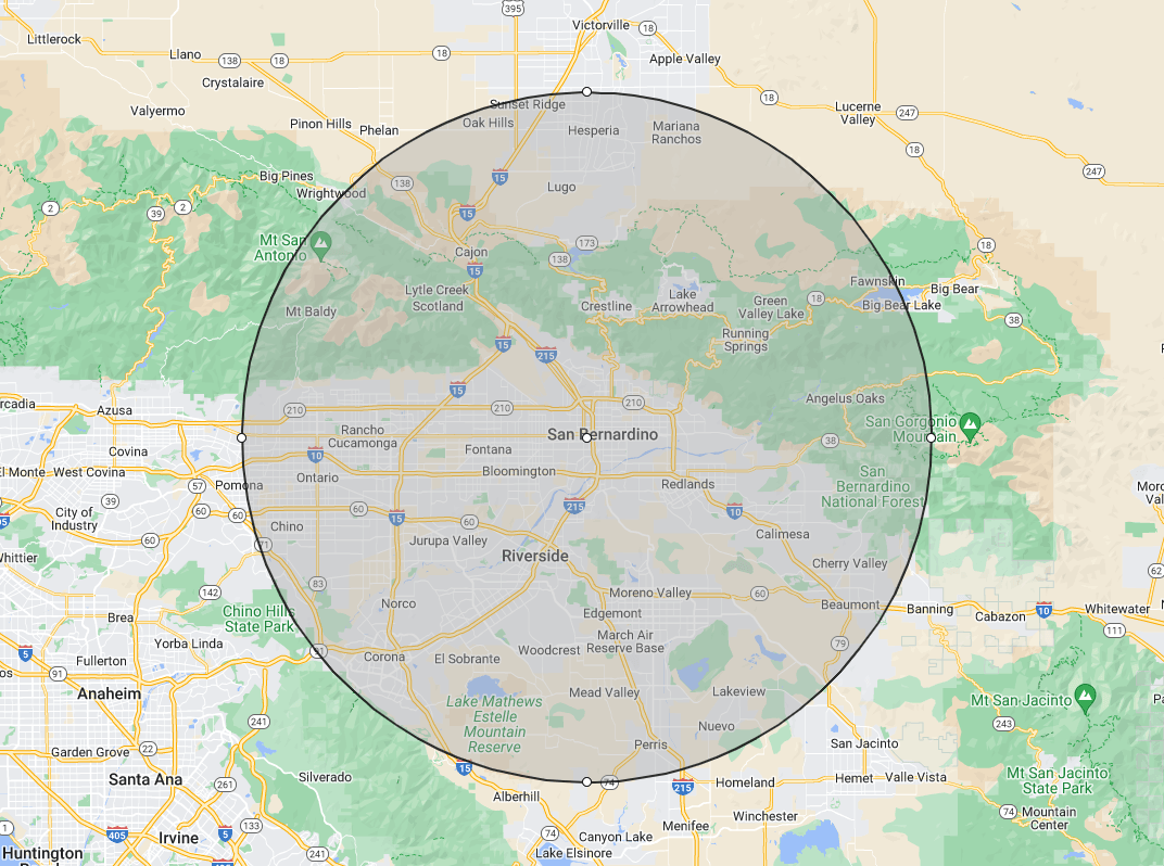 Service Area Map | San Bernadino, CA | A1 Plus Taxi Cab
