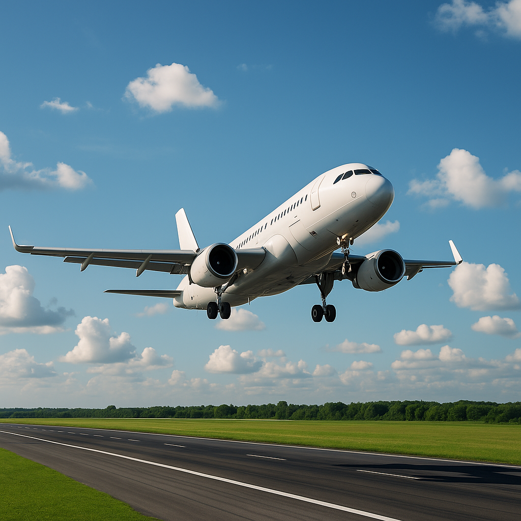 A large white airplane is taking off from a runway