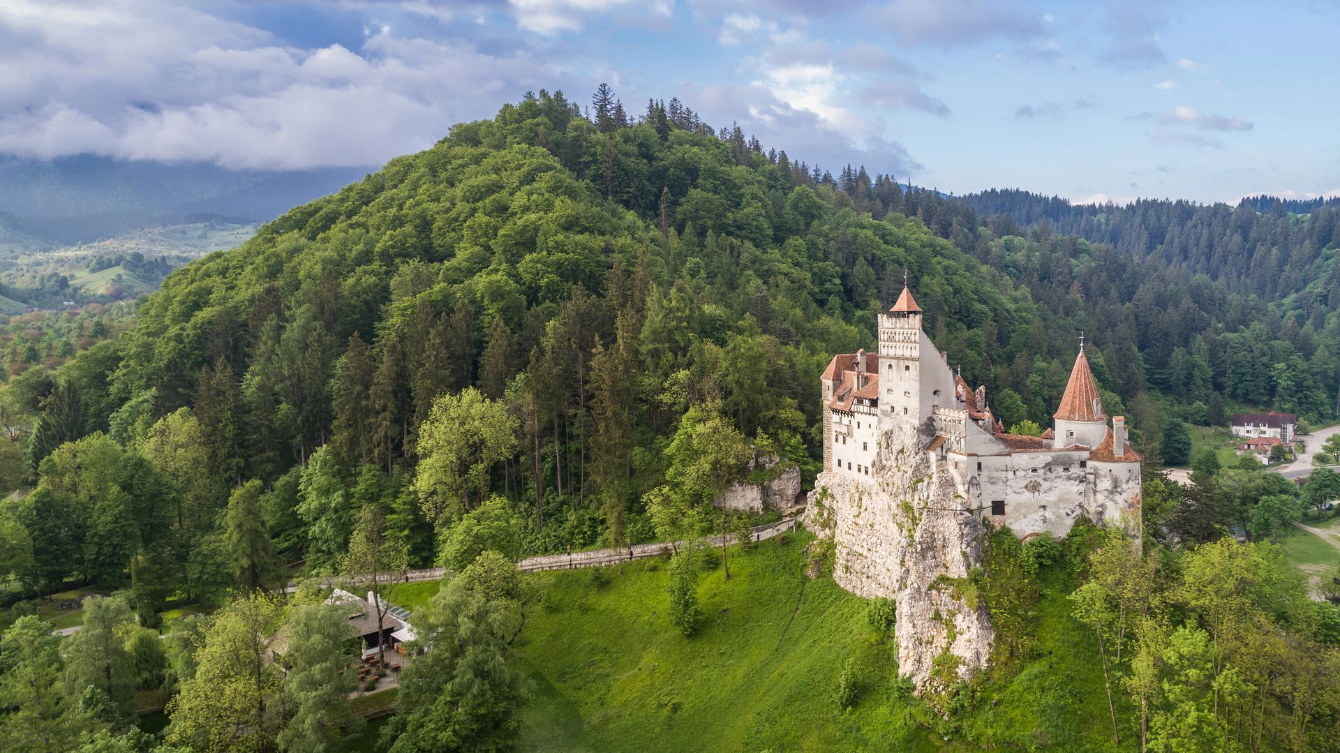 An aerial view of a castle on top of a hill surrounded by trees. bran castel