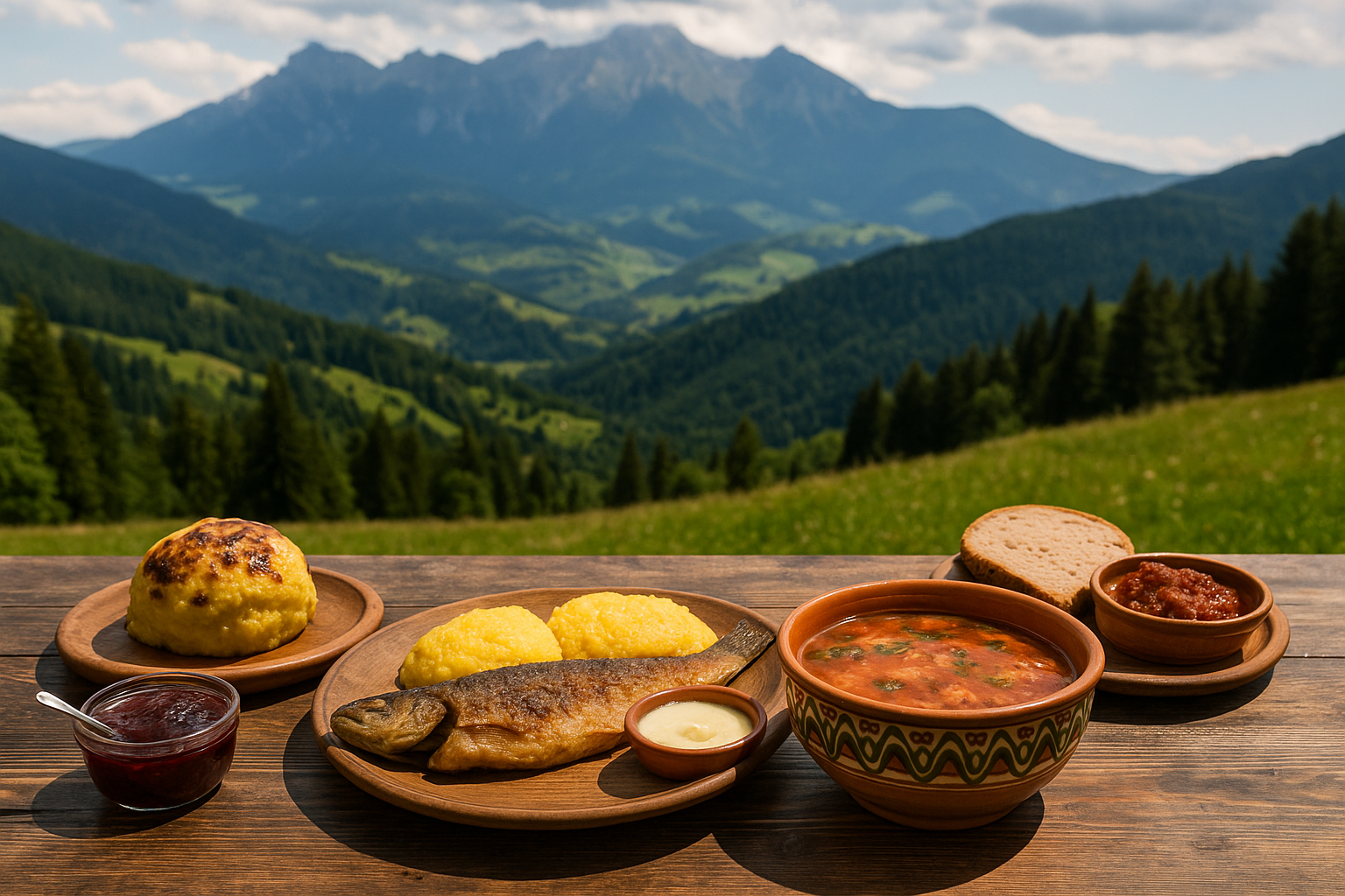 A wooden table topped with plates of food and a bowl of soup with mountains in the background.