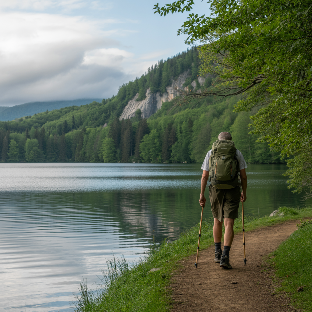 A man with a backpack is walking along a path near a lake