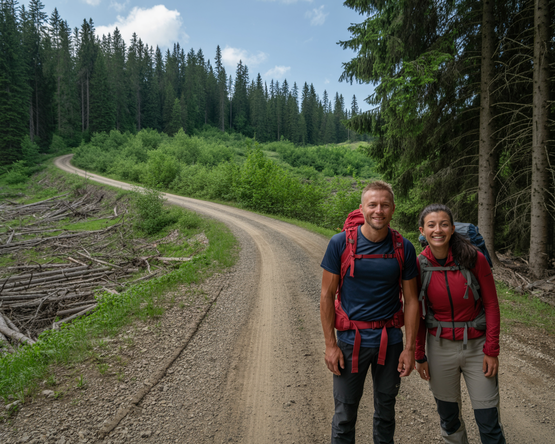 A man and a woman are standing on a dirt road in the woods.