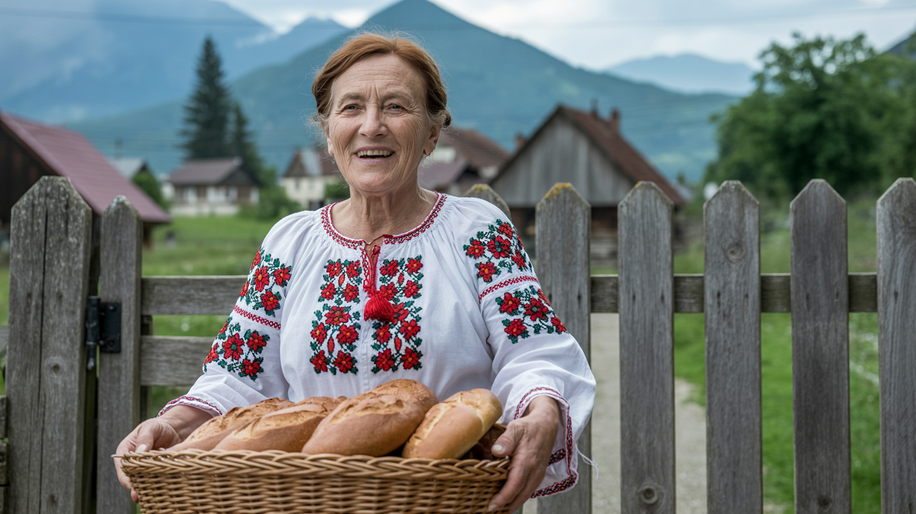 A woman is holding a basket of bread in front of a wooden fence.