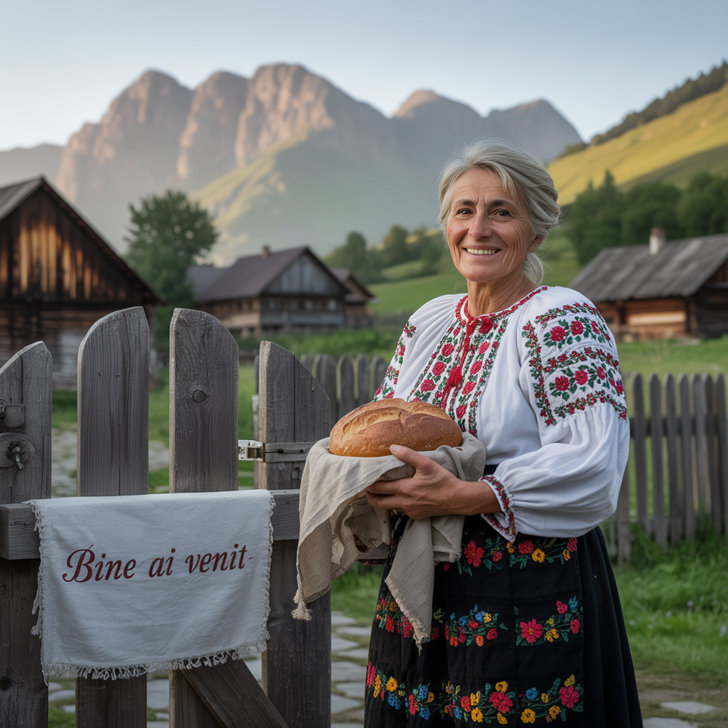 A woman is holding a loaf of bread in front of a wooden fence.