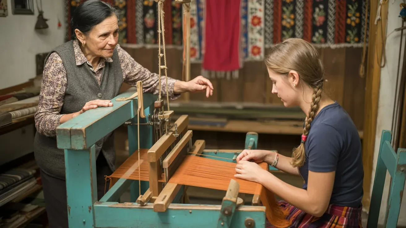 A woman is teaching a young girl how to use a loom.
