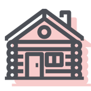 An icon of a log cabin with a chimney on the roof.
