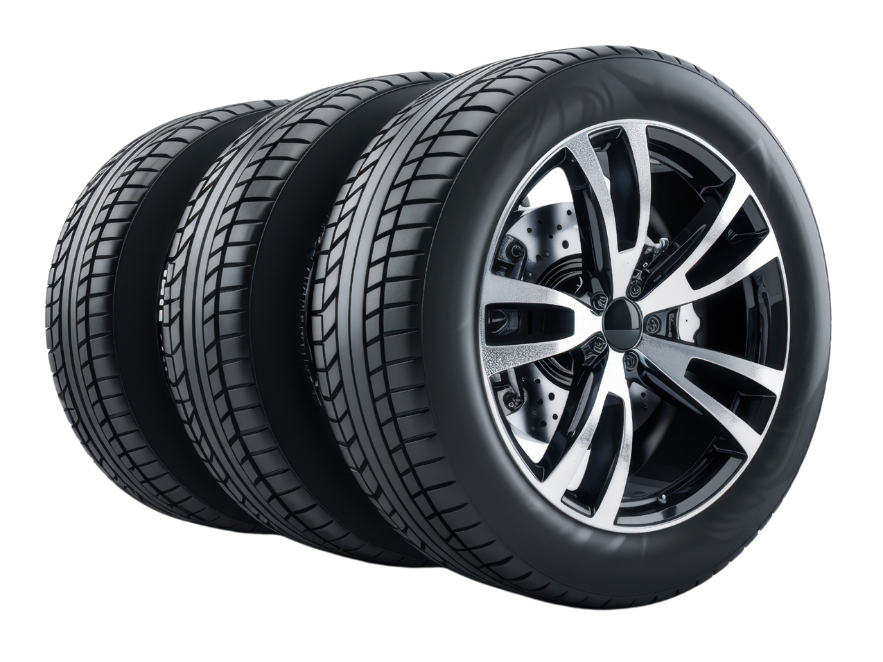 Three tires are stacked on top of each other on a white background.