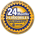 Circular blue-and-gold 24-month/24,000-mile nationwide warranty badge with auto care text | Motorvation Service Center