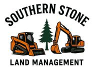 Logo for Southern Stone Land Management featuring a skid steer, a pine tree, and an excavator in orange and black.