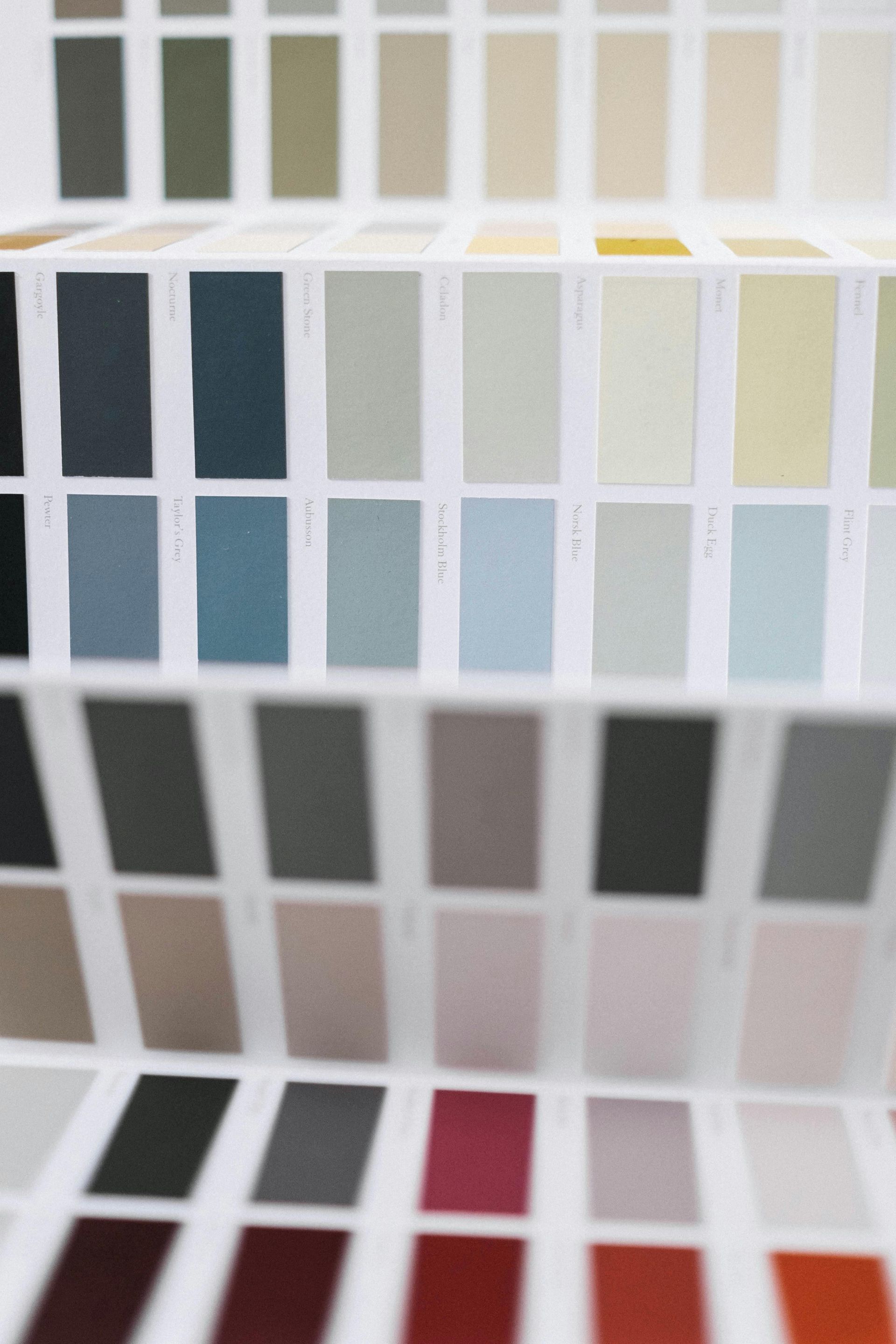 Color swatches arranged in rows, showcasing a variety of hues.