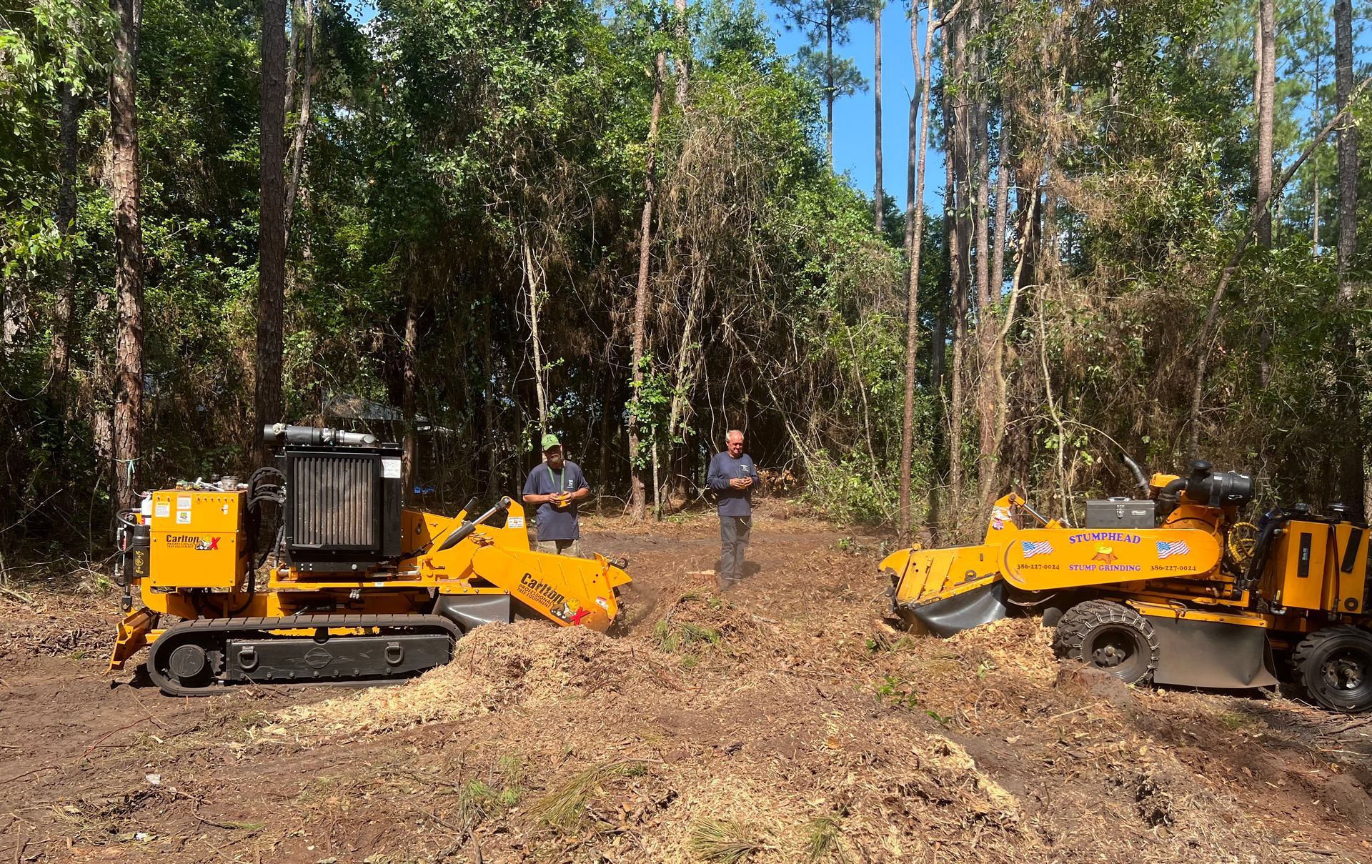 Two men are standing next to a stump grinder in the middle of a forest.