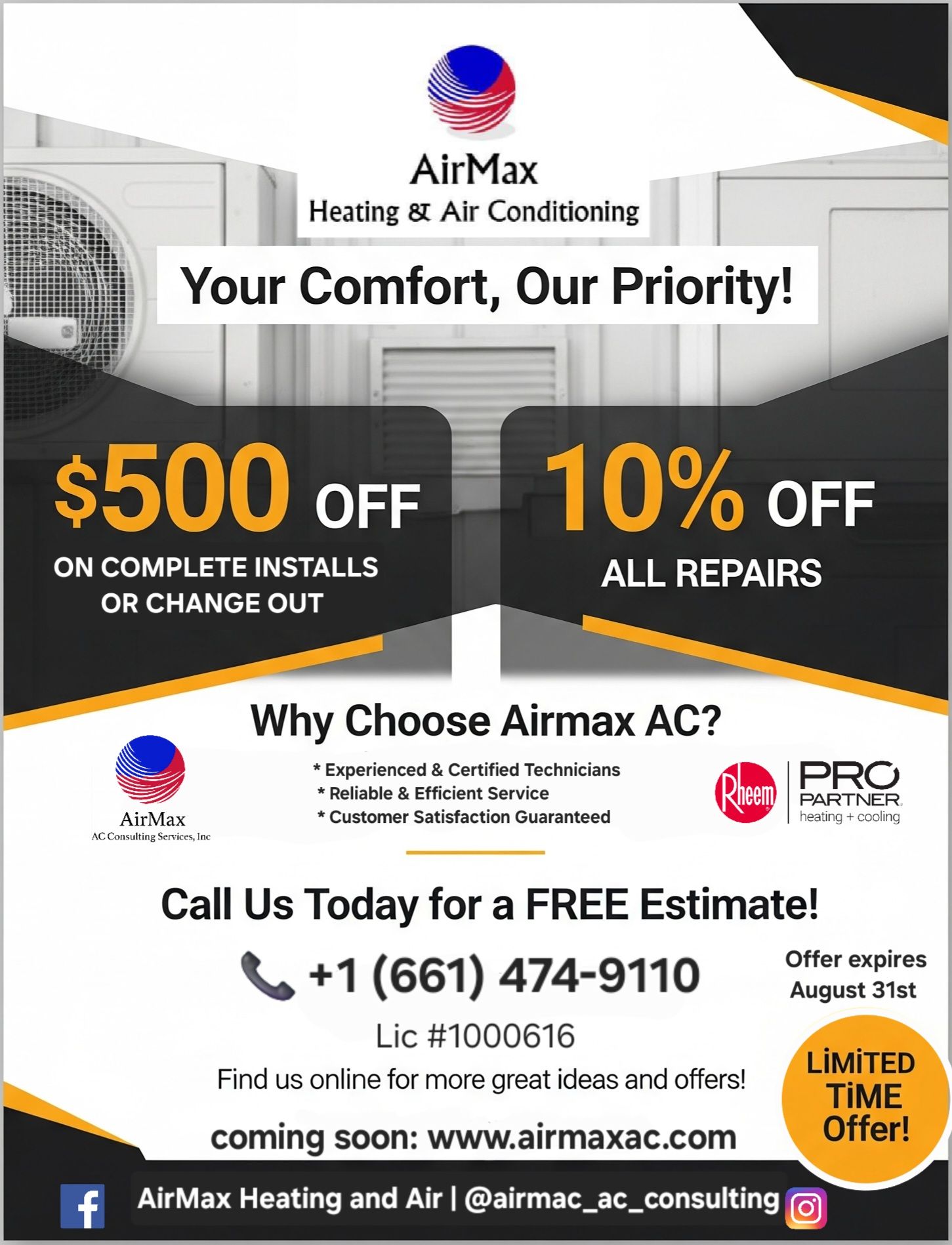 Advertisement for AirMax Heating & Air Conditioning, offering discounts on installs/repairs. Includes phone number and website.