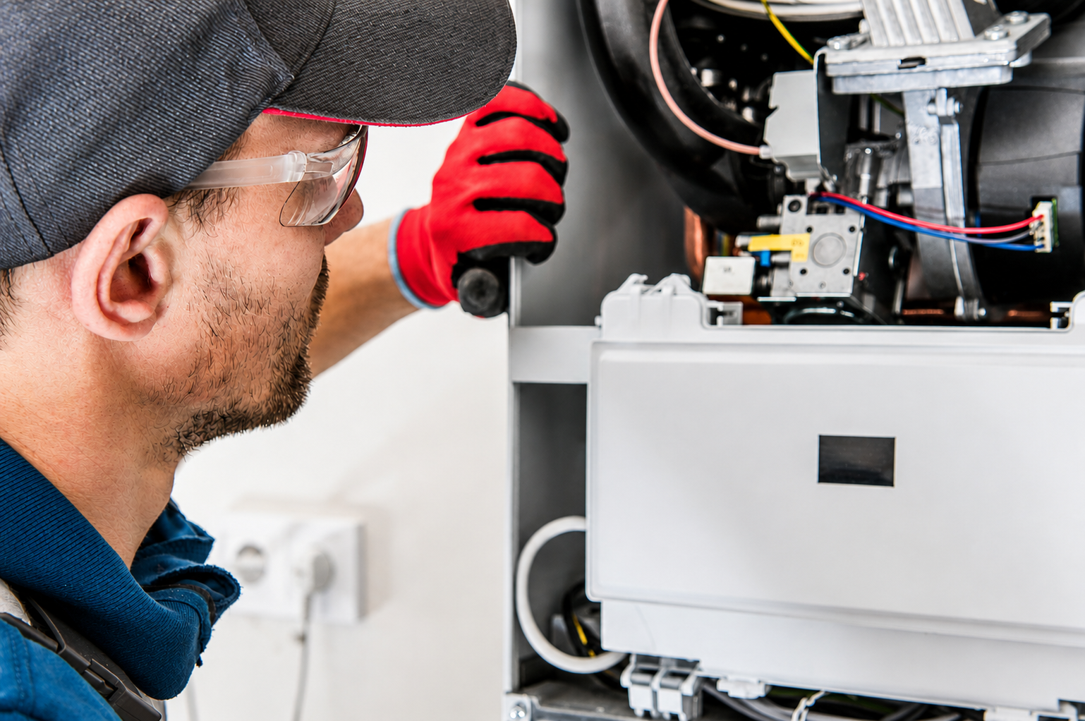 Technician in cap and red gloves inspecting an open electrical appliance