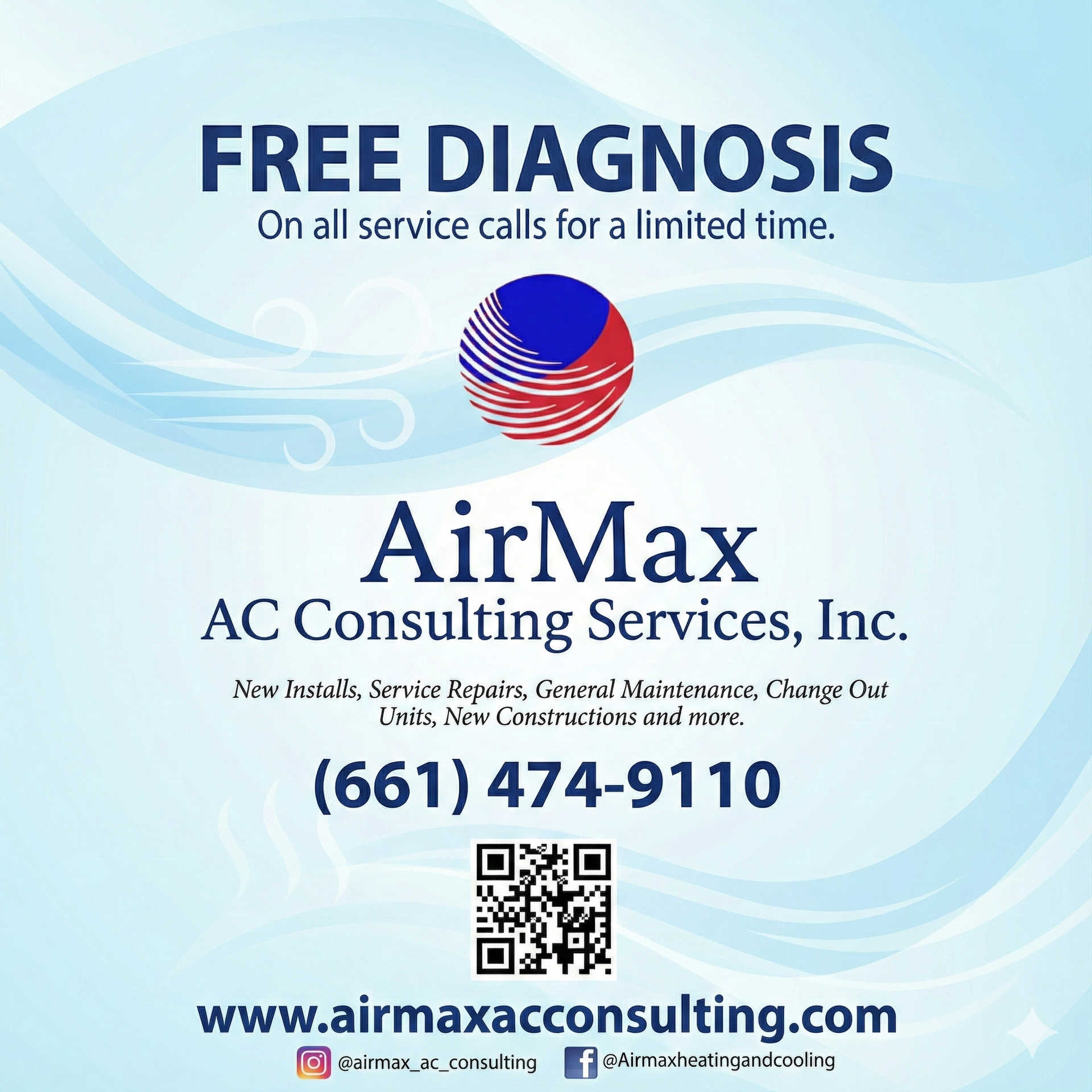 AirMax AC service advertisement: Free diagnosis, phone number, and website address on a blue background.