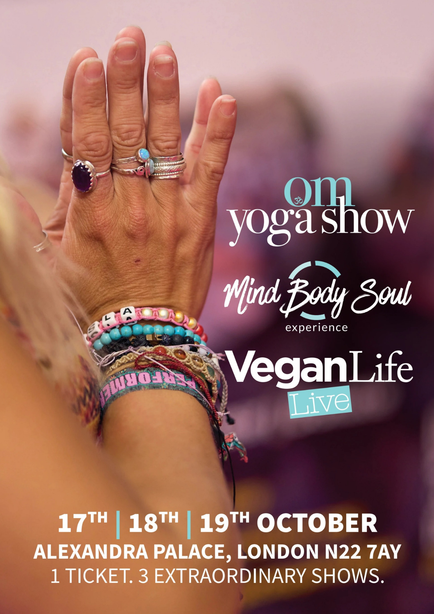 OM Yoga Show, Mind Body Soul Experience and Vegan Life Live show guide cover, Alexandra Palace London