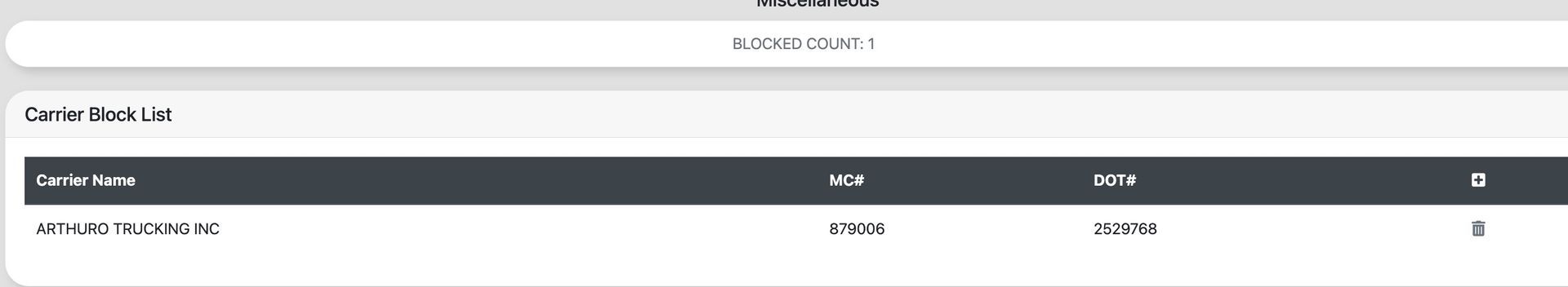 Carrier block list interface in EZ Loader TMS for assigning freight carriers by customer