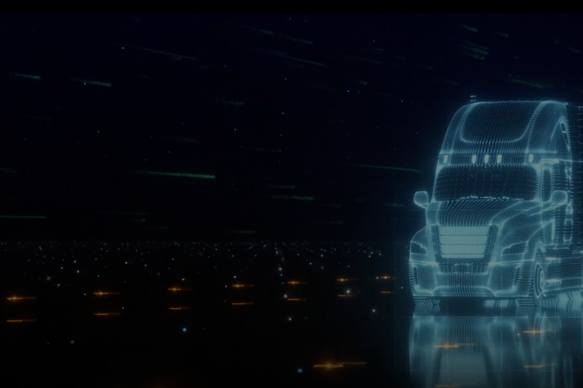 A futuristic semi truck is driving down a city street at night.