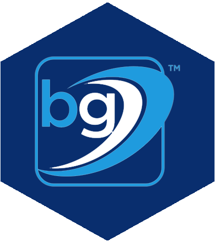 A blue hexagon with the bg logo on it