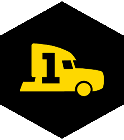 A yellow semi truck with the number 1 on it is in a black hexagon.