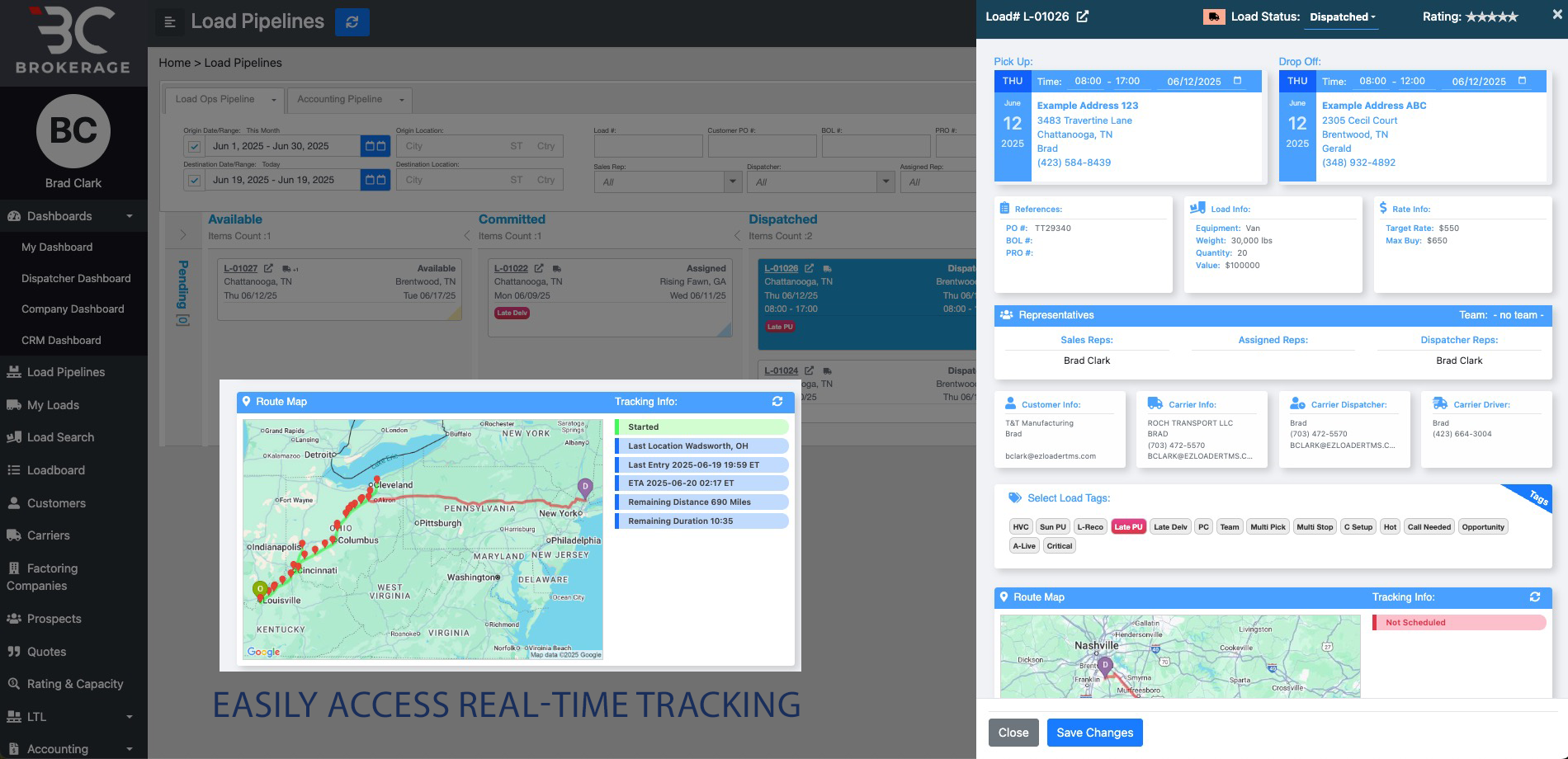 Shipment tracking slider interface in EZ Loader TMS with load data and real-time updates