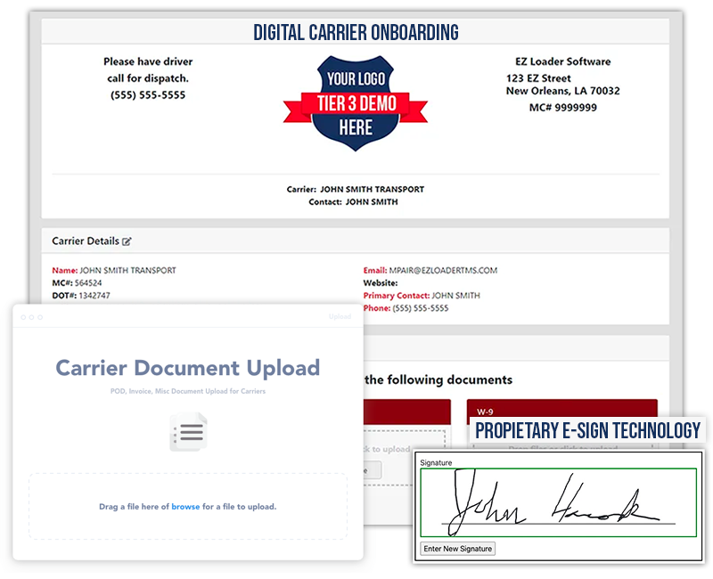 A carrier document upload page with a signature on it