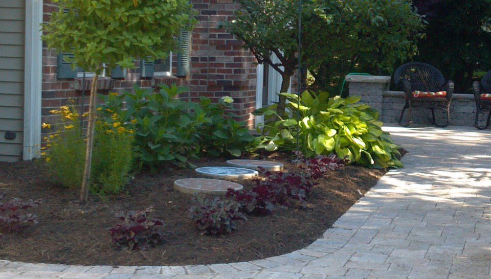 landscaping with tree and shrubs, hardscaping