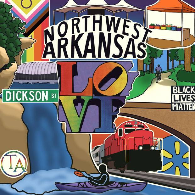 A poster for northwest arkansas shows a man in a kayak and other landmarks