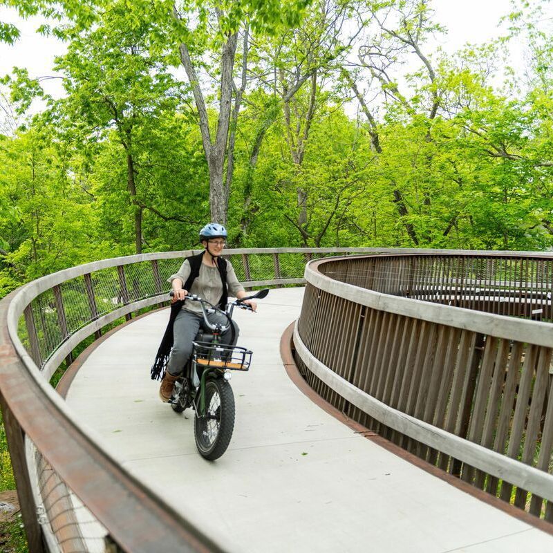 A woman is riding a bicycle on a wooden bridge.