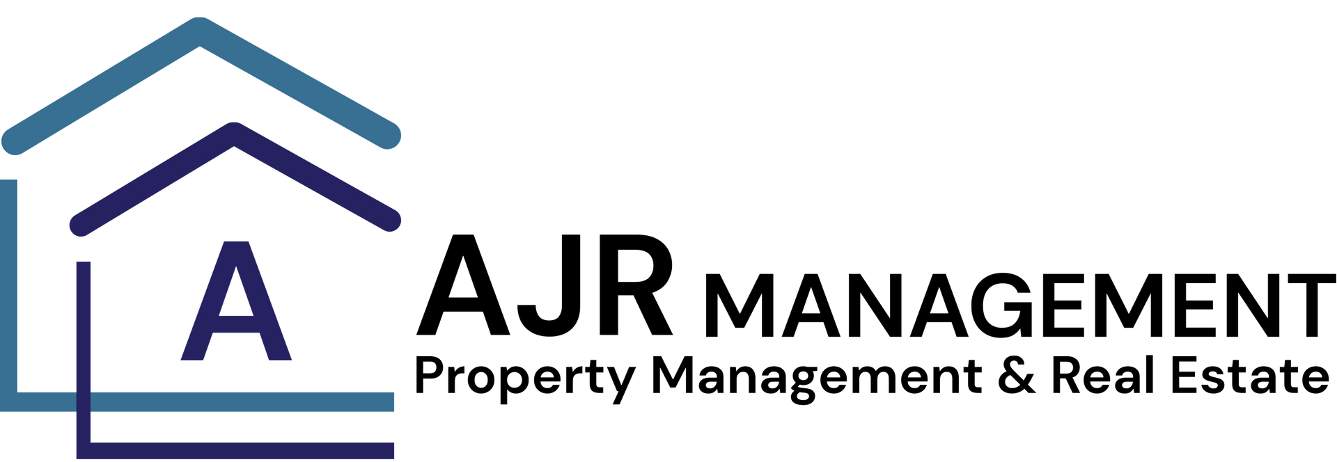 Logo for AJR Management featuring a stylized blue and dark blue house outline with an 'A' inside and text to the right.